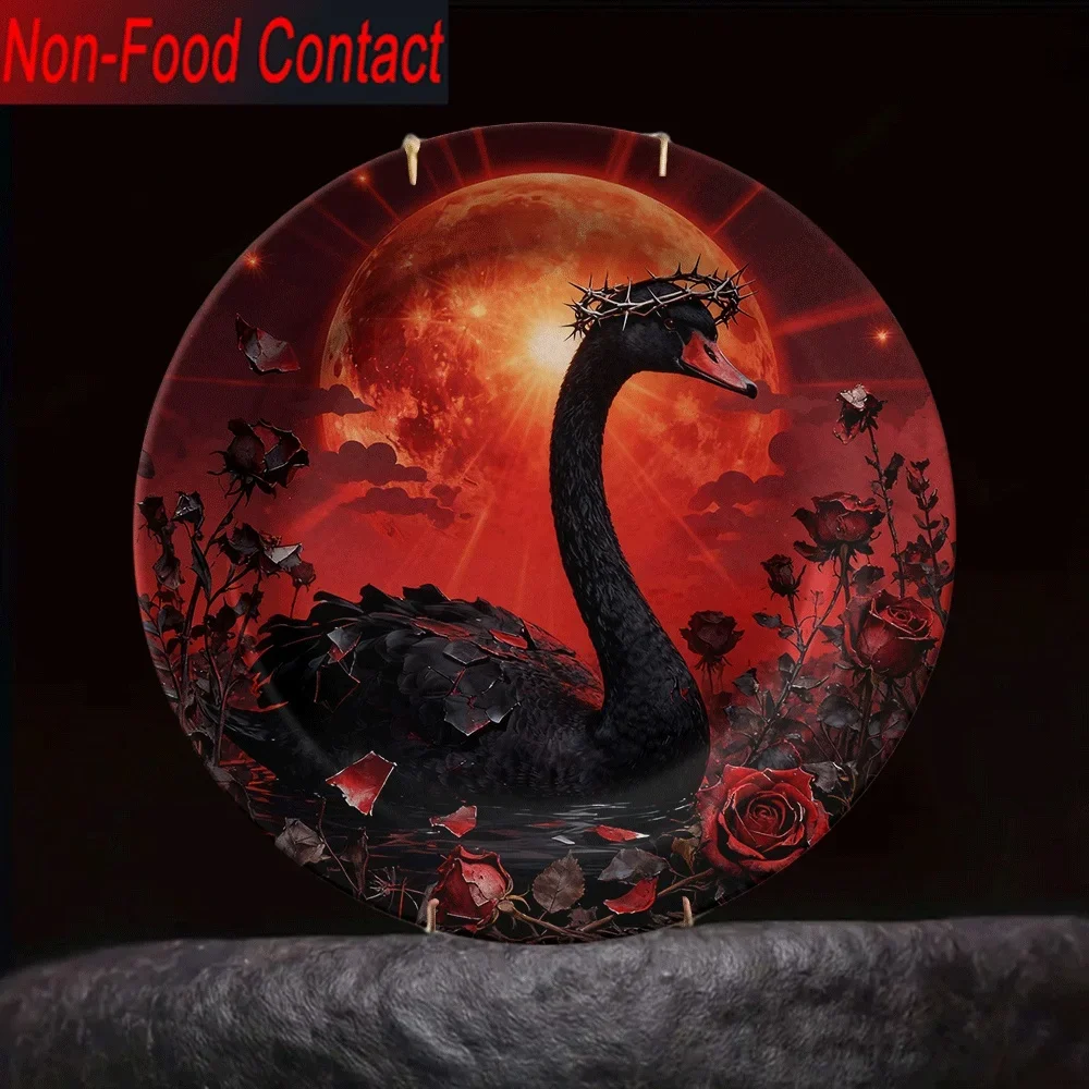 1pc Gothic Black Swan & Red Rose Ceramic Plate with Crown of Thorns & Blood Moon - Elegant Round Non-Food Contact Serving Tray