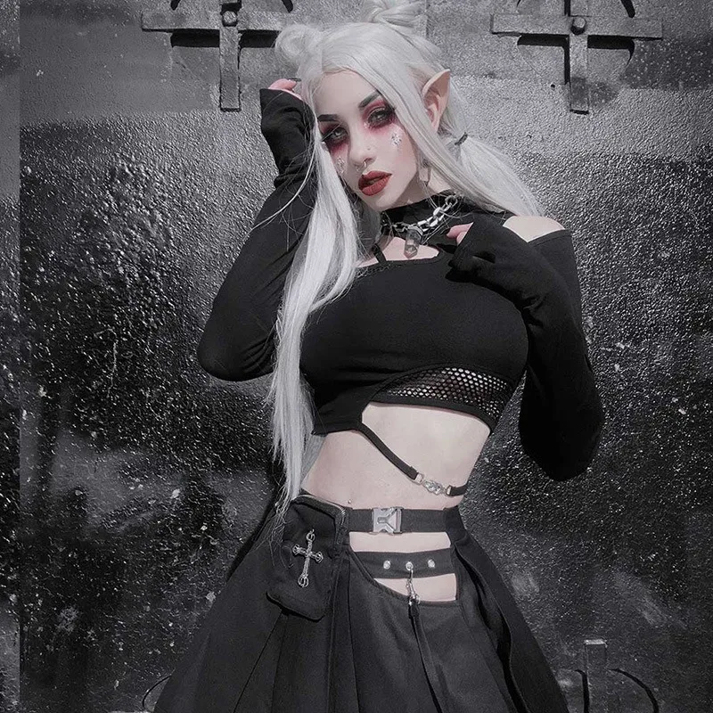 2025 New Vintage Dark Autumn Women's Streetwear Asymmetric Tops Gothic Hollow-Out Mesh Panel Design Slim-Fit Long-Sleeve Blouse