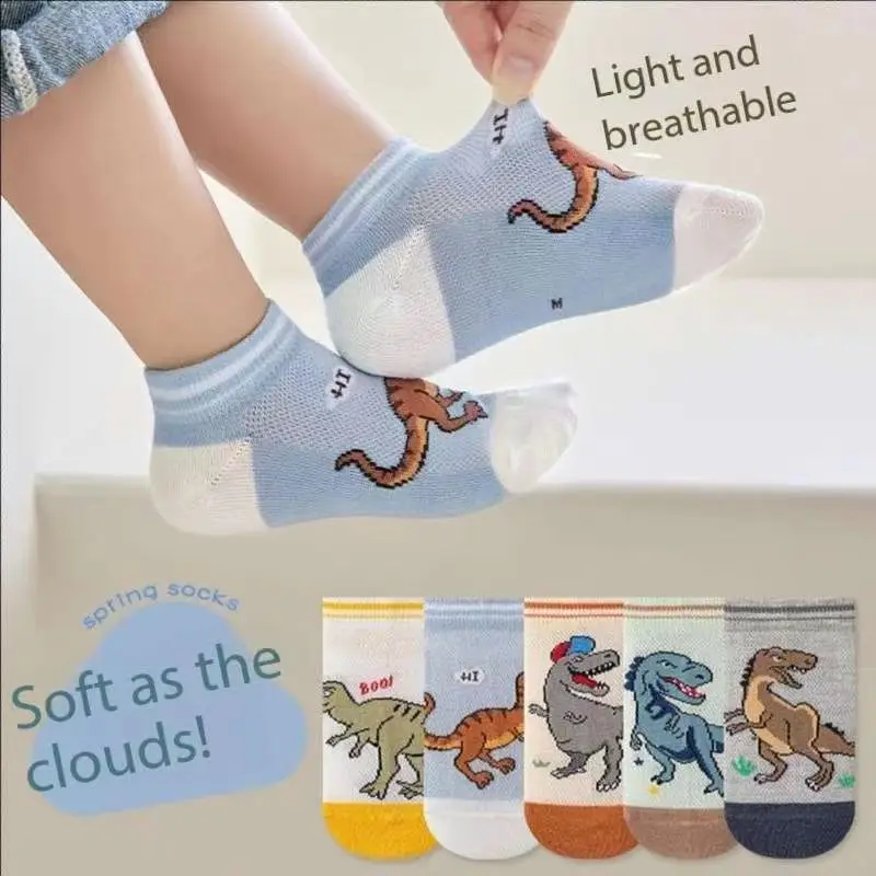 5 Pairs of Children\'s Socks Spring and Summer Mesh Thin Style Cartoon Dinosaur Boat Socks Breathable Boy Students Fashionable