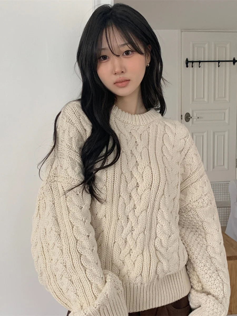 سترة محبوكة فضفاضة الكورية Sle خمر تويست دافئ كسول Sle إبرة كبيرة سترة حمراء مستديرة Ne للنساء #4