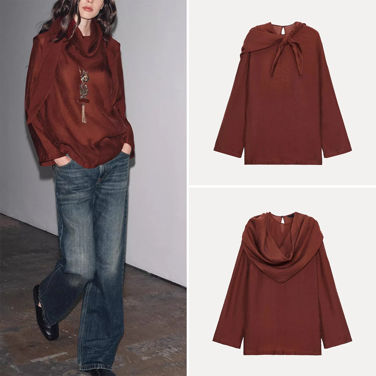 

Женский шарф Z Faion irt 2025 New Sle Long Sve с драпировкой, украшенный Ele Aosphere, европейский осенний сезон Sle