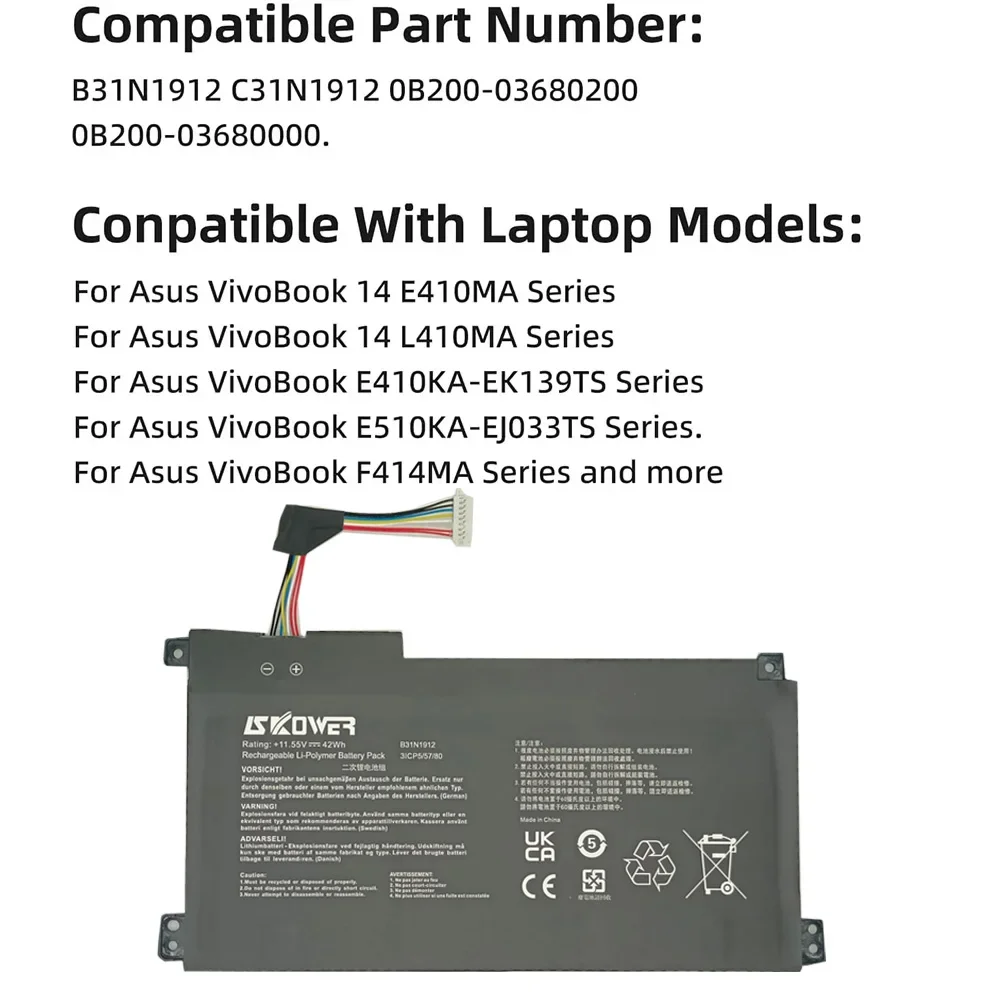 SKOWER B31N1912 Laptop Battery For Asus VivoBook 14 E410MA L410MA E410KA-EK139TS E510KA F414MA L510MA R522MA E510MA C31N1912
