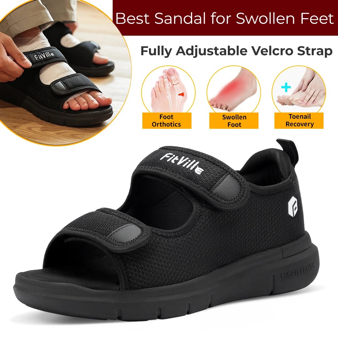 FitVille Men's Sandals Widened Elders Casual Shoes Breathable Lightweight for Plantar Fasciitis Arch Support Relief Pain