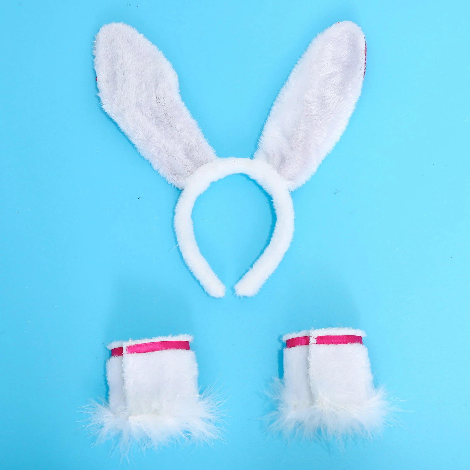 Halloween Bunny Costume Accessories Rabbit Ears Headwear Shiny Bowknot Fuzzy Wristband and Rabbit Tail for Womens Girls Cosplay