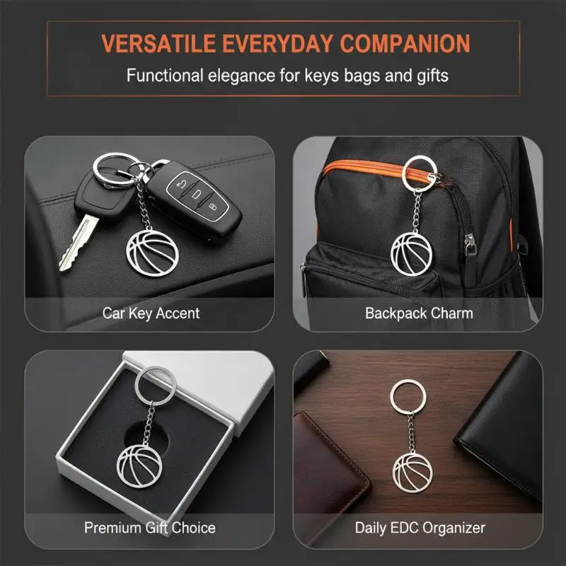 Basketball Pendant Stainless Steel Keyring Hollow Geometric Casual Key Chain Anti-Rust Fashion Gift for Boys Birthday