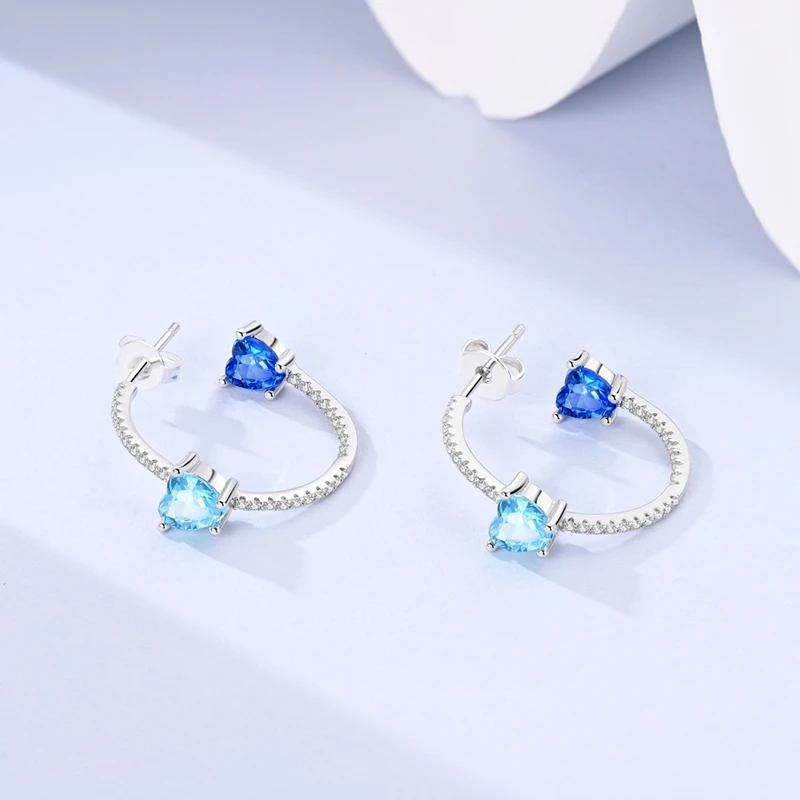 Boucles d'oreilles en argent Sterling 925 pour femmes, glacier bleu, Double cœur, cerceau pour anniversaire, bijoux cadeaux de mariage