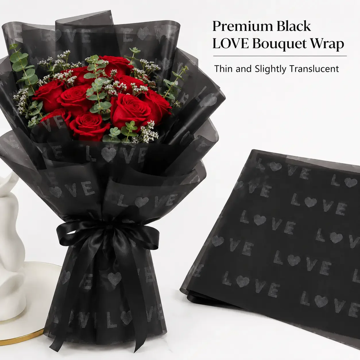 20 Sheets Black LOVE Flower Wrapping Paper, Waterproof Floral Bouquet Wrap for Valentine Wedding Anniversary Romantic Gift