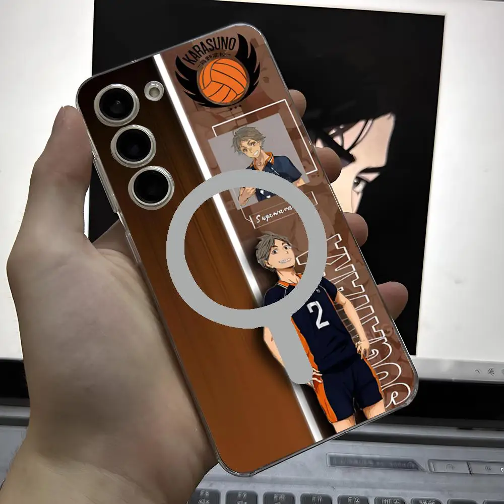 Hot-Blooded Haikyuu Anime Phone Case For Samsung Galaxy S24 S23 S22 S21 Ultra Plus FE Magnetic Suction Transparent Cover