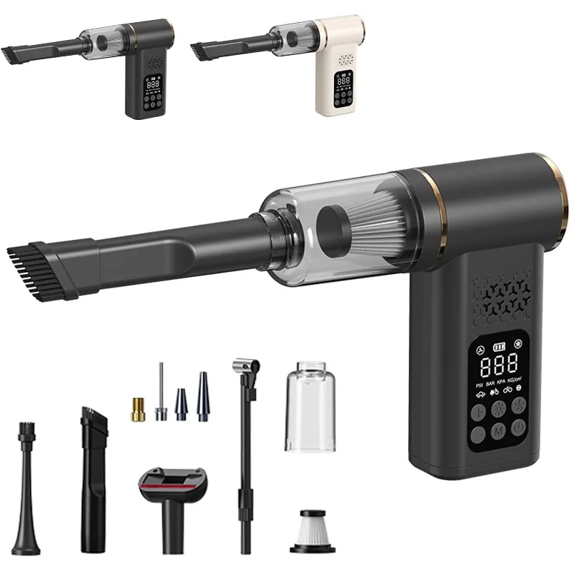 

Беспроводной автомобильный пылесос 5-в-1 с портативным насосом для шин, LED-подсветкой и цифровым манометром для автомобиля, дома, шерсти животных, мотоцикла