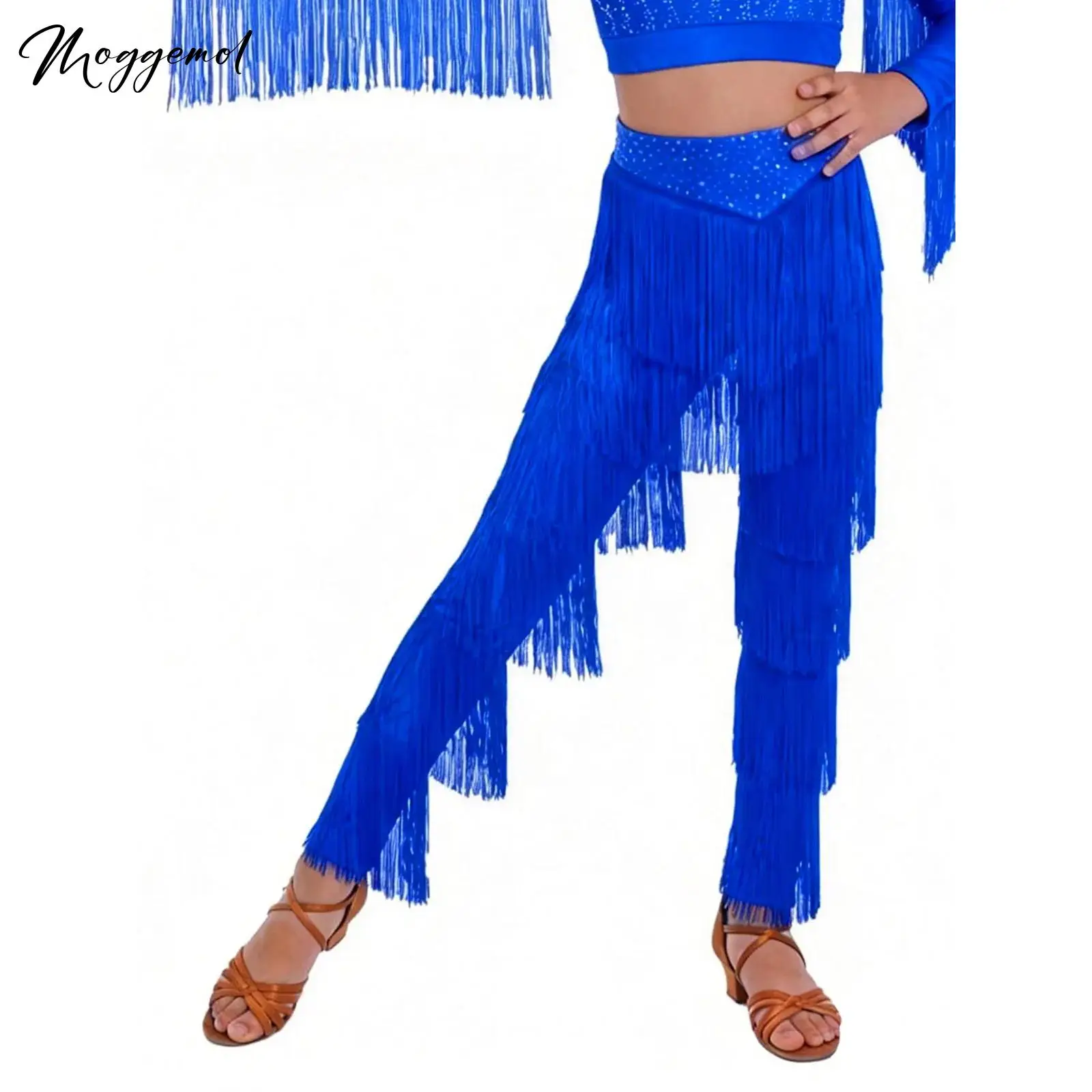 

Детские брюки с бахромой для латинских танцев для девочек, брюки с эластичным поясом и многоярусными бахромами, костюм для самбы, танго, румбы, ча-ча, сальсы, джаза