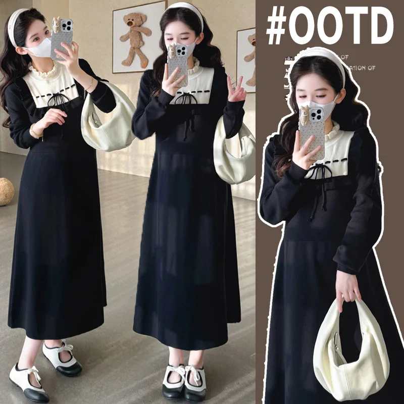 Maternity Dress Elegant Gentle Soft Comfortable Color Block A Line Bow Decor Mock Neck Knitted French Style Little Black Dress