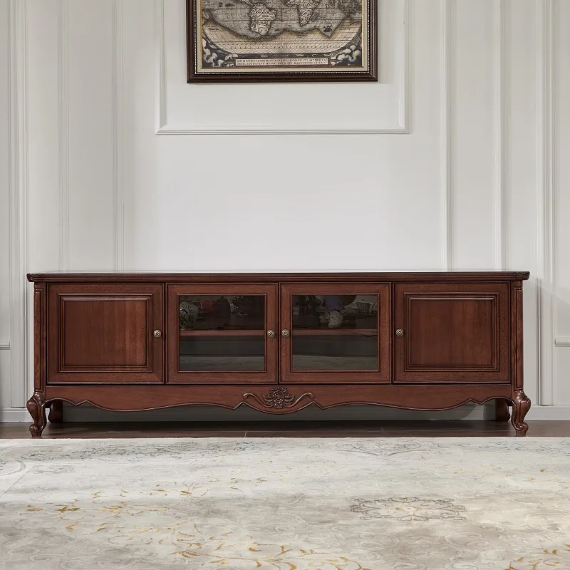 #American Style Solid Mahogany Luxury TV Cabinet Set Light Retro Modern Design 2m Floor Cabinet for Living Room Villa Wood