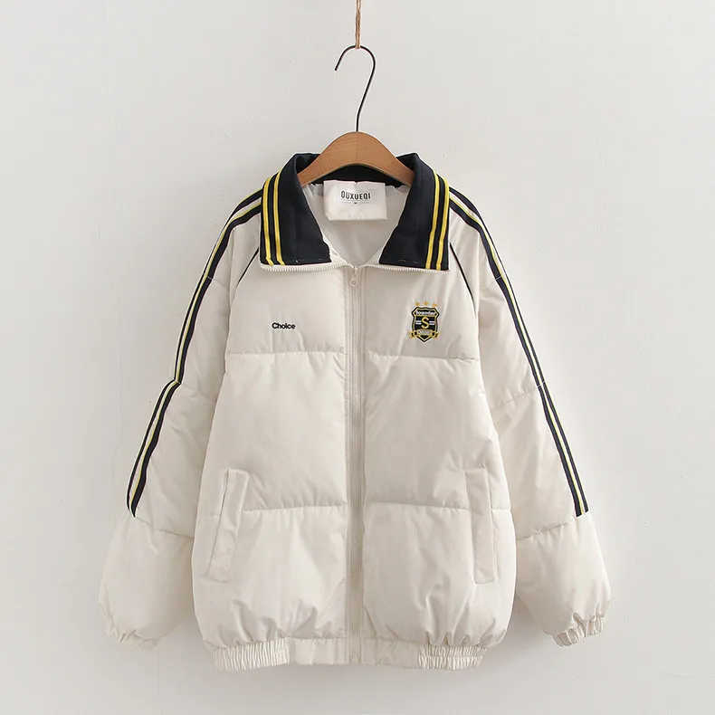 New 2025 Autumn Padded Jacket, Women Lapel Embroidery, Mori Girl Preppy Style OL Commute Warm Loose Outerwear, Winter C5N160CC