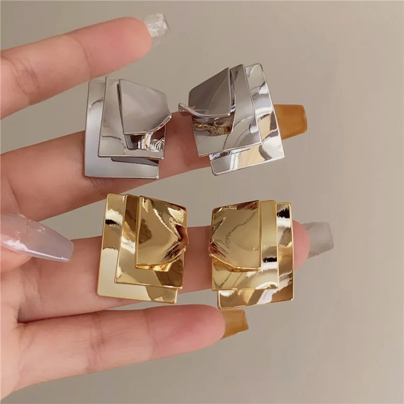 Fashion Metal Geometric Laminated Earrings For Women Trendy Personalized Square Stud Earrings Office Party Jewelry Accessory