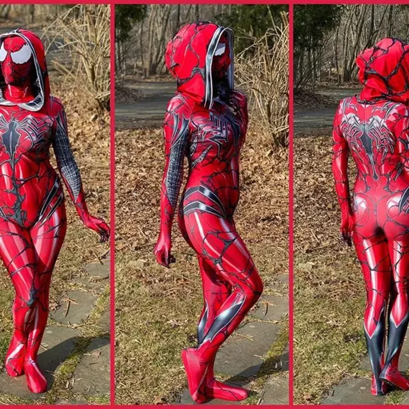 2025 New Halloween Red Gwen Stacy Spidermcosplay Costume Adults Kids Carnage Superhero Zentai Suit Female Girls Woman Full B abc