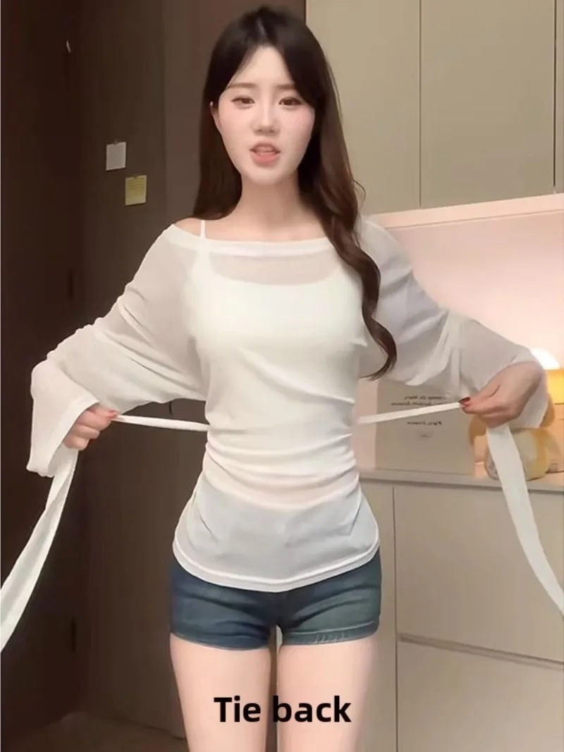 Women's Sheer Mesh Long Sleeve T-shirt Y2K Tie Back Waist Cutout Blouse Summer Casual Off Shoulder See Through Top