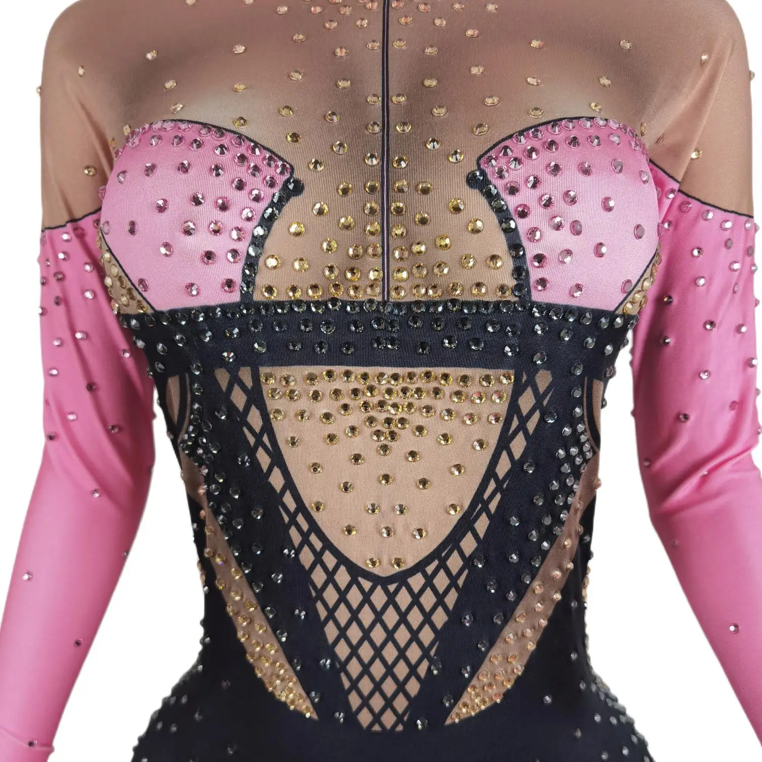 Pink Spandex Stones Jumpsuit with Gloves Female Singer Performance Bodysuit Birthday Celebrate Leggings Outfit Fenmo