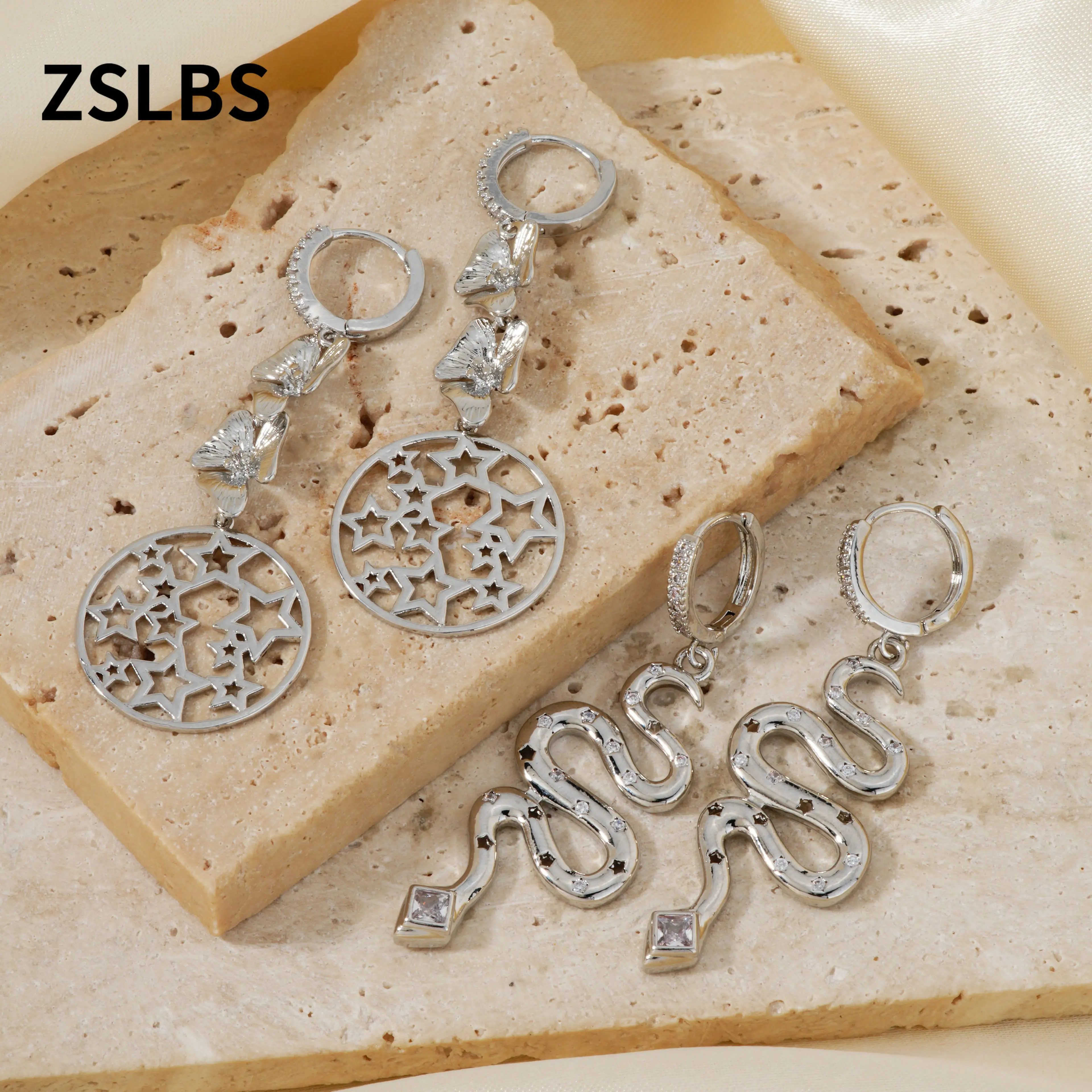 

ZSLBS 1 piece of niche design snake shaped star inlaid zircon pendant earrings punk trend cool unisex earrings