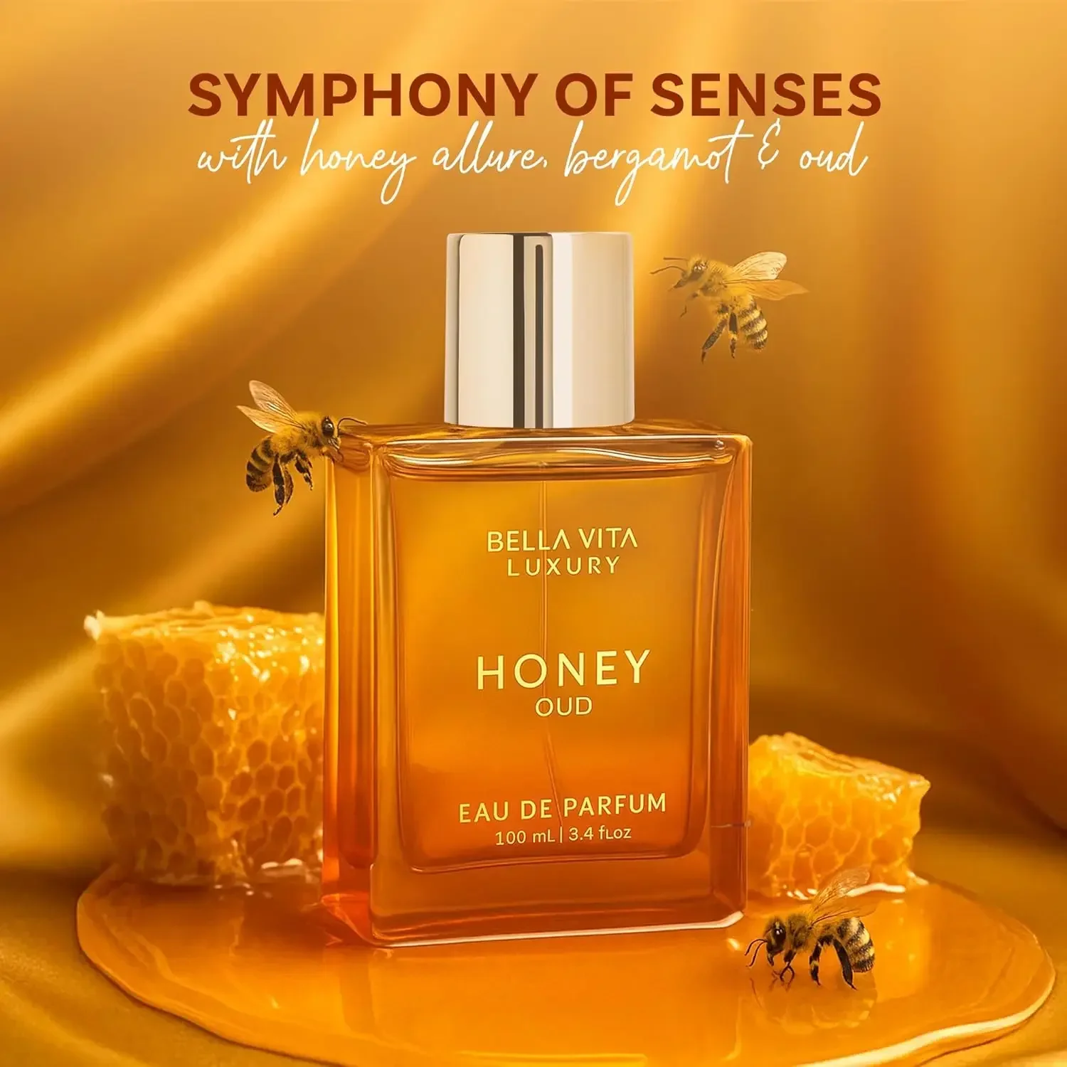 Bella Vita Luxury Honey Oud Eau De Parfum 100ml 3.4oz Perfume for Men Women Warm Sweet Amber Vanilla Long Lasting Fragrance