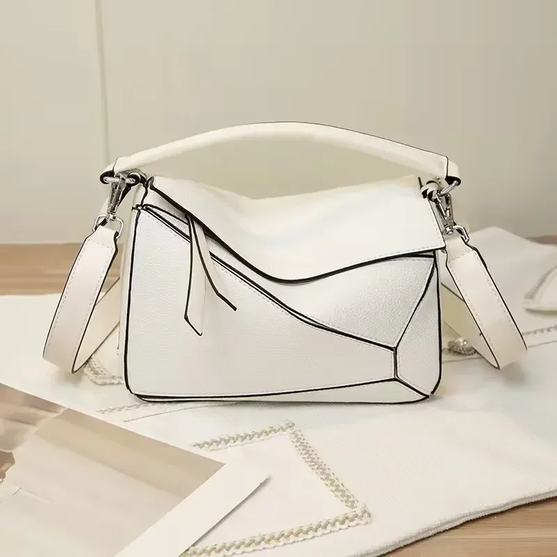 2024 Women\'s  lychee grain cowhide geometric bag leather single shoulder crossbody bag stitching pillow bag