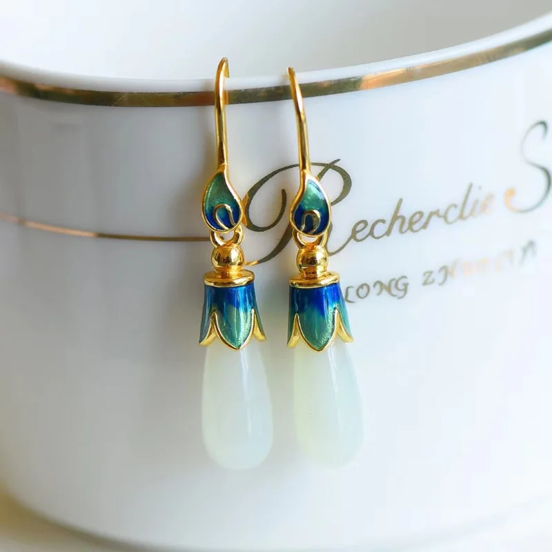 

Natural Hetian white jade earrings for women enamel craftsmanship light luxury ethnic style Eardrop Hanfu accessories jewelry