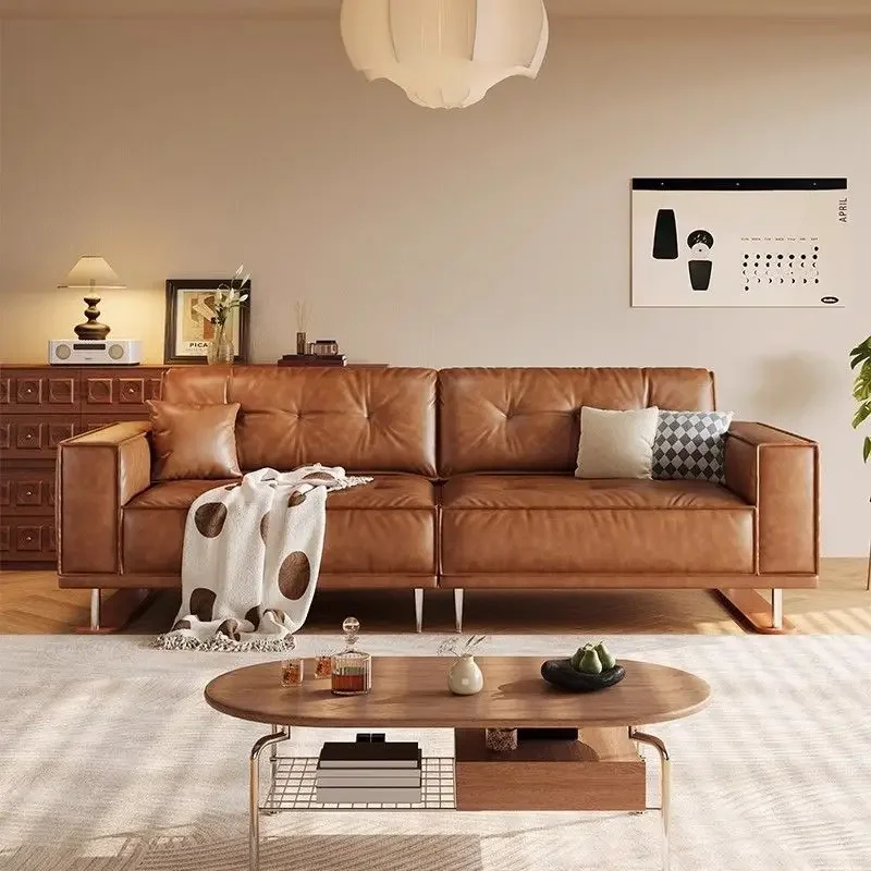 Small apartment top-tier cowhide sofa, new tofu block straight row sofa
