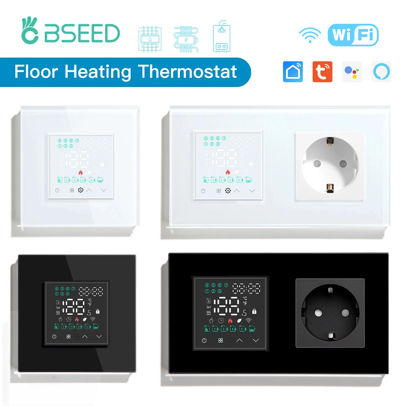 BSEED Wifi Electric Floor Heating Water Boiler Room Thermostat Touch Screen Switches Alexa Google Tuya App Temperature Control