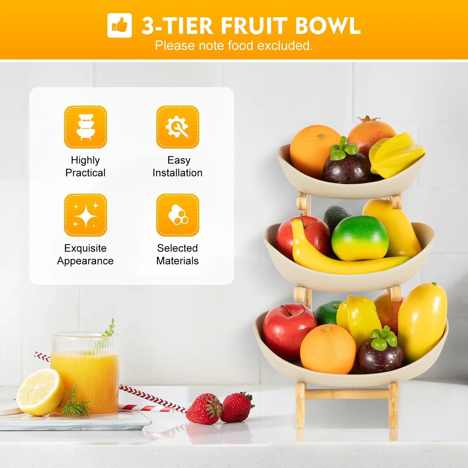 

3-уровневая керамическая ваза для фруктов с овальной бамбуковой рамой, землистый коричневый - органайзер для хранения в деревенском натуральном фермерском стиле для кухни