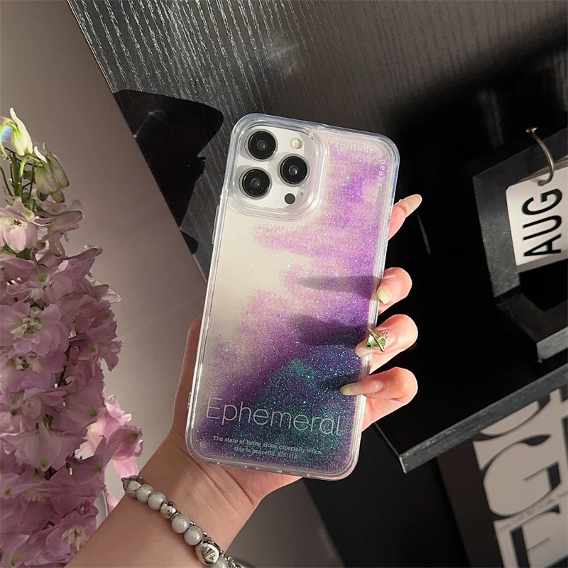 Glitter Purple Quicksand Shell for iPhone 14/13 15 Pro Max 16 14 Phone Case Moving Sand Powder Hard Art Letter Cover Clear Funda