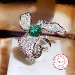 European and American Fashion 925 Sterling Silver Emerald Bow Open Ladies Banquet Party Jewelry High Quality Non-fading Ring