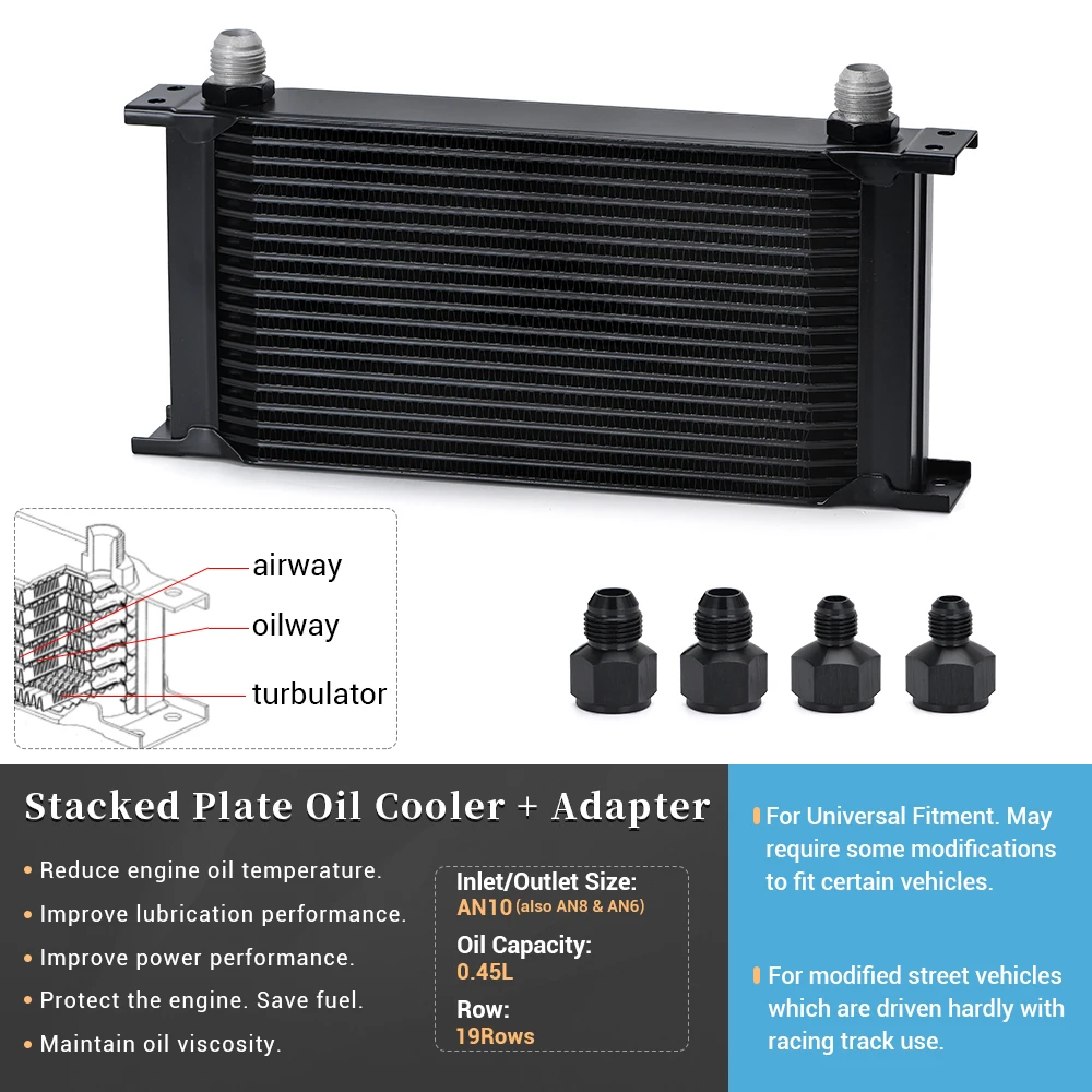 Tipo britânico de alumínio Transmissão do motor Oil Cooler, 19 Row, 10AN Feminino para 8AN, 6AN Masculino Fitting Adapter, LZ7019, Universal