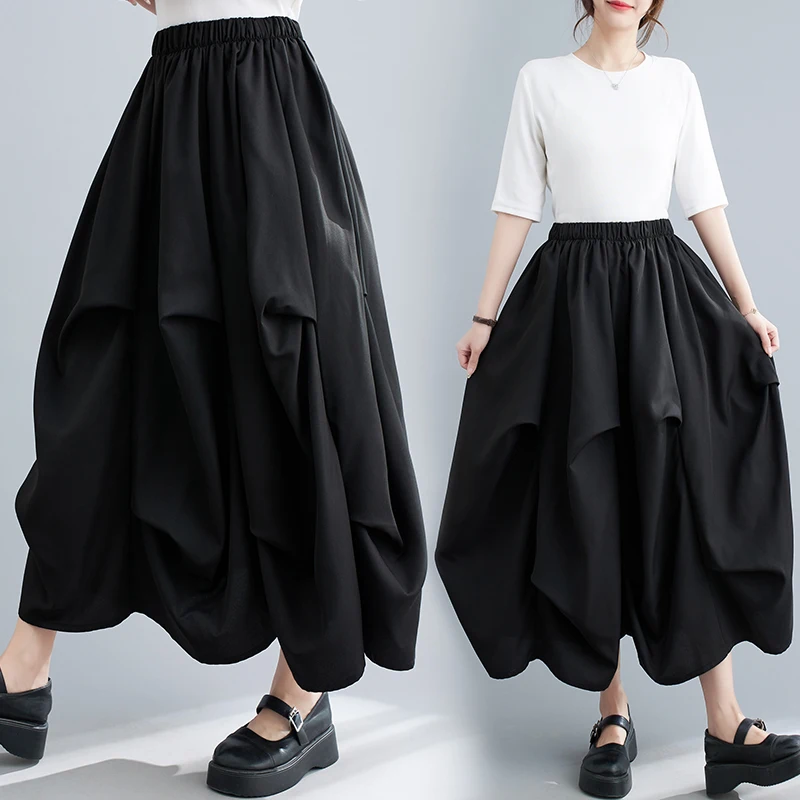 

Faionable Pleated Bla Skirt Elastic Waist Design Commute Sle High Waist Long Skirt Simple Color Polyester Fiber