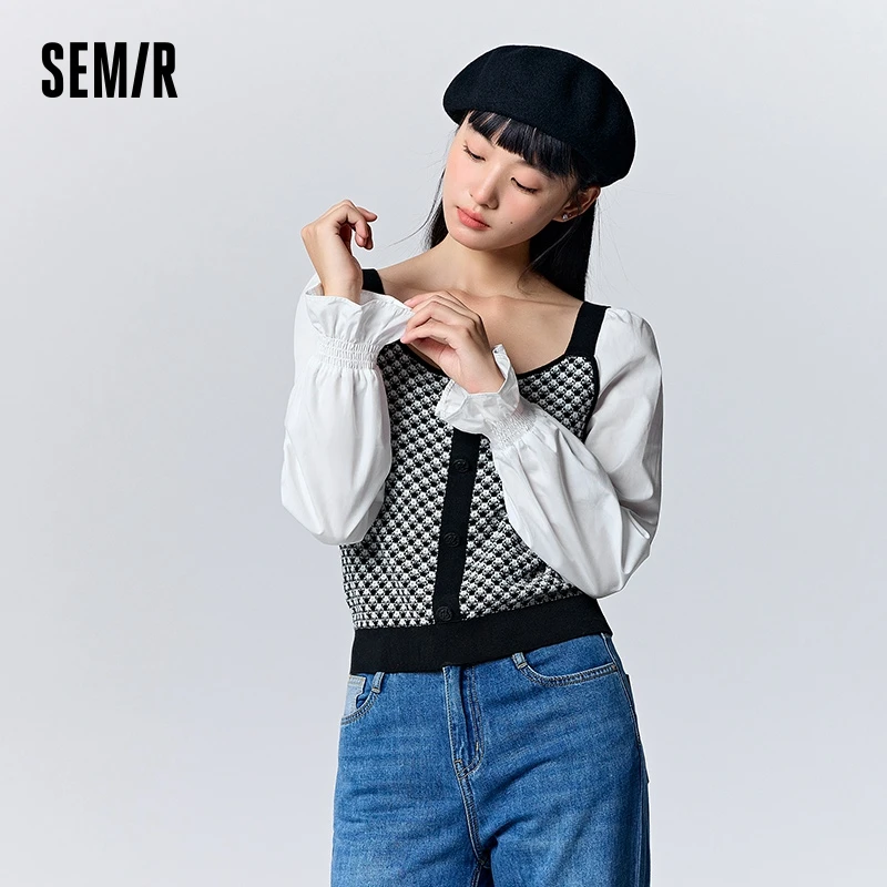 Semir Long Sleeve Shirt Women Short Splicing Bubble Sleeve Elegant Girlish Autumn Slim Square Collar Jacquard Slimming Top