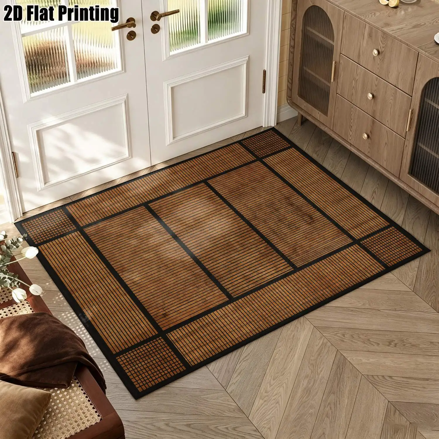 1Pc 2D Printed Retro Brown Black Geometric Stripe Carpet, Nordic Modern Minimalist European Vintage Style, Multi-Size Machine Washable Home Decor Rug for Entrance, Dining, Foyer, Study, Living Room, Bedroom