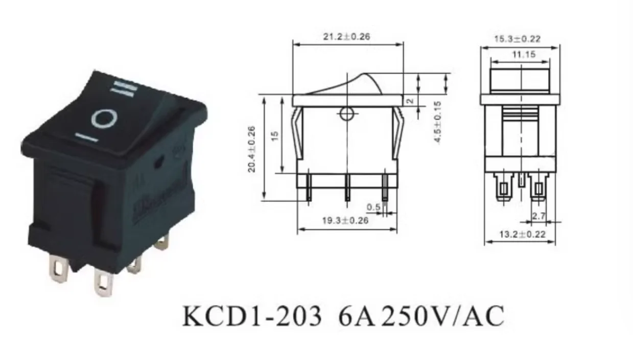

Small forward and reverse switch KCD1 rocker switch 6-pin 3-speed 6A250V AC Double knife double throw button switch NO.C3035
