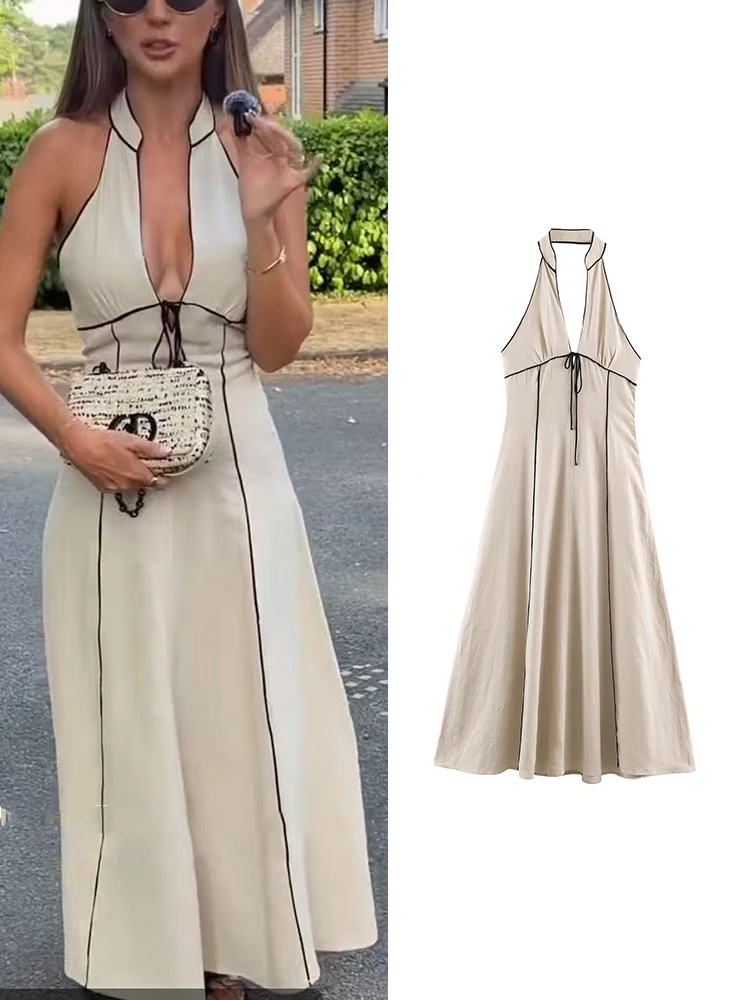 TFMLN Damen Neckholder-Kleid mit tiefem V-Ausschnitt, sexy, schick, kontrastfarben, rückenfrei, langes Abendkleid, ärmellos, schmal geschnitten, A-Linie.