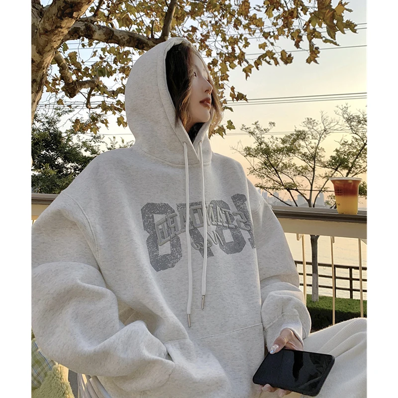 

Women's Clothing Light Grey Hoodie Letter Embroidery Drawstring Sweatshirt Korean Fashion Leisure Winter New Tops Pullover