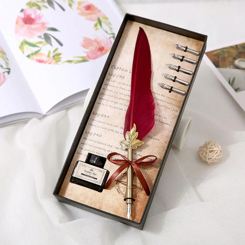 

Vintage Feather Dip Pen Copper Penholder with 5 Nibs Antique Calligraphy Pen Replaceable Decorative Articles for Men Women Gifts