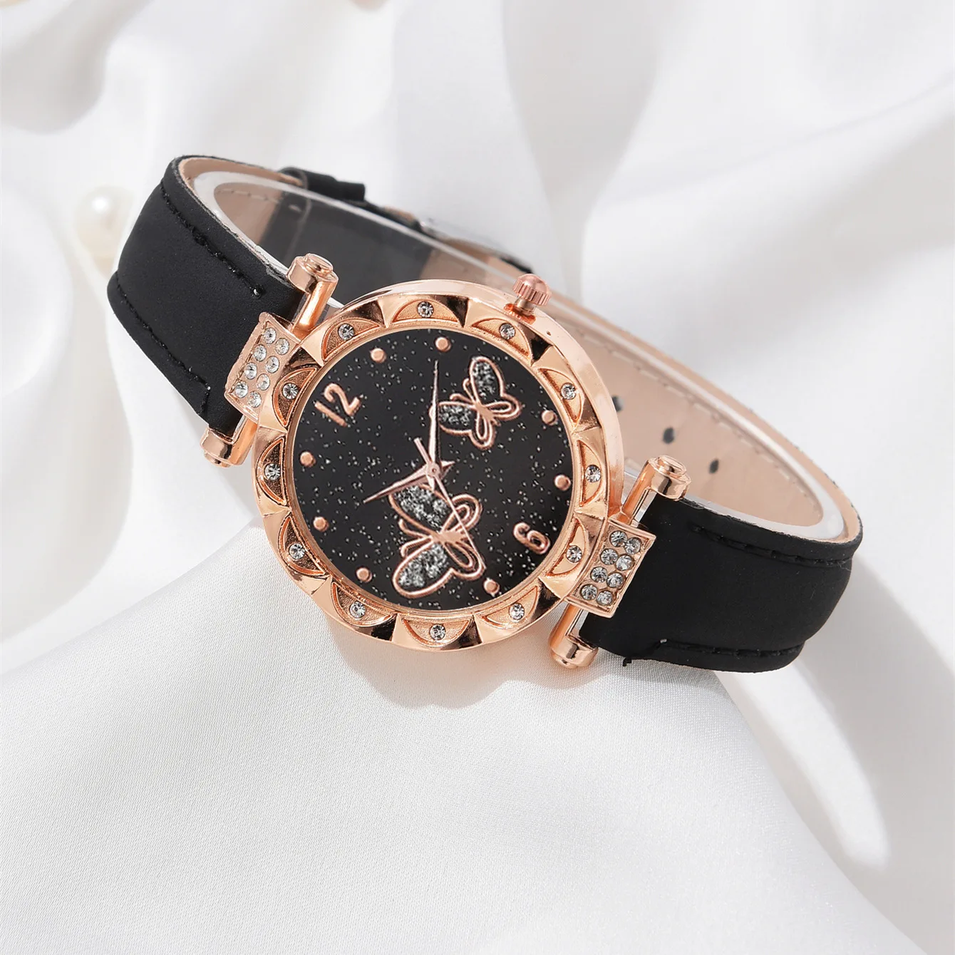 5PCs/set Fashion Butterfly Starry Sky Diamond Embedding Luxury Women's Belt Quartz Wristwatches Diamond Embedding Bracelet Set