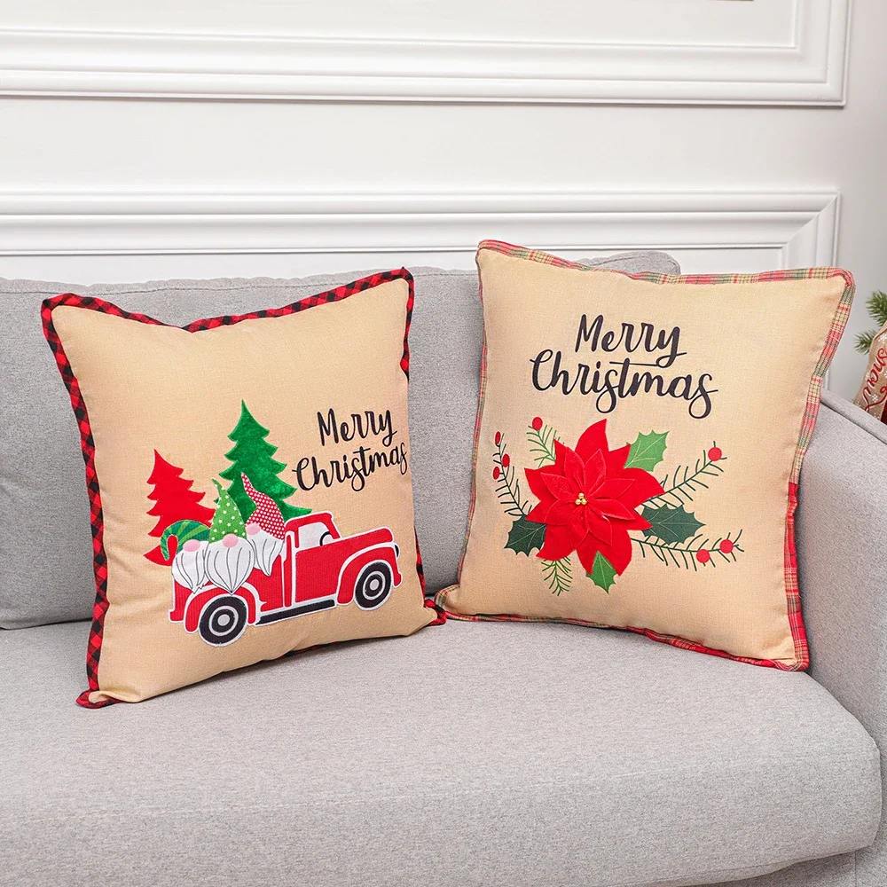 1pc- Christmas Decorations Flowers Red and Black Check Car Christmas Tree Pillow Case Square PillowCase