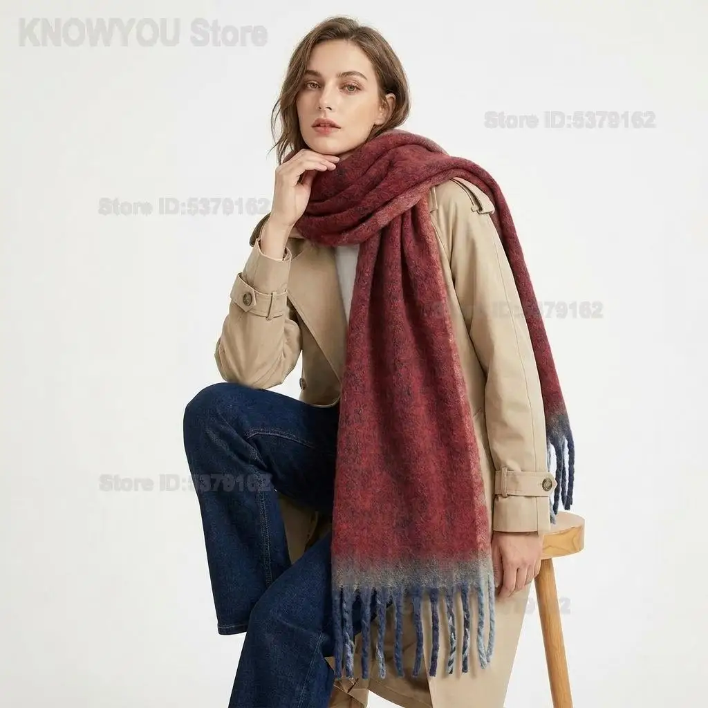 Women Simple Border Solid Color Scarf Faux Cashmere Tassel Shawl Warm Contrast Color Neck Wrap for Autumn Winter Cold Protection