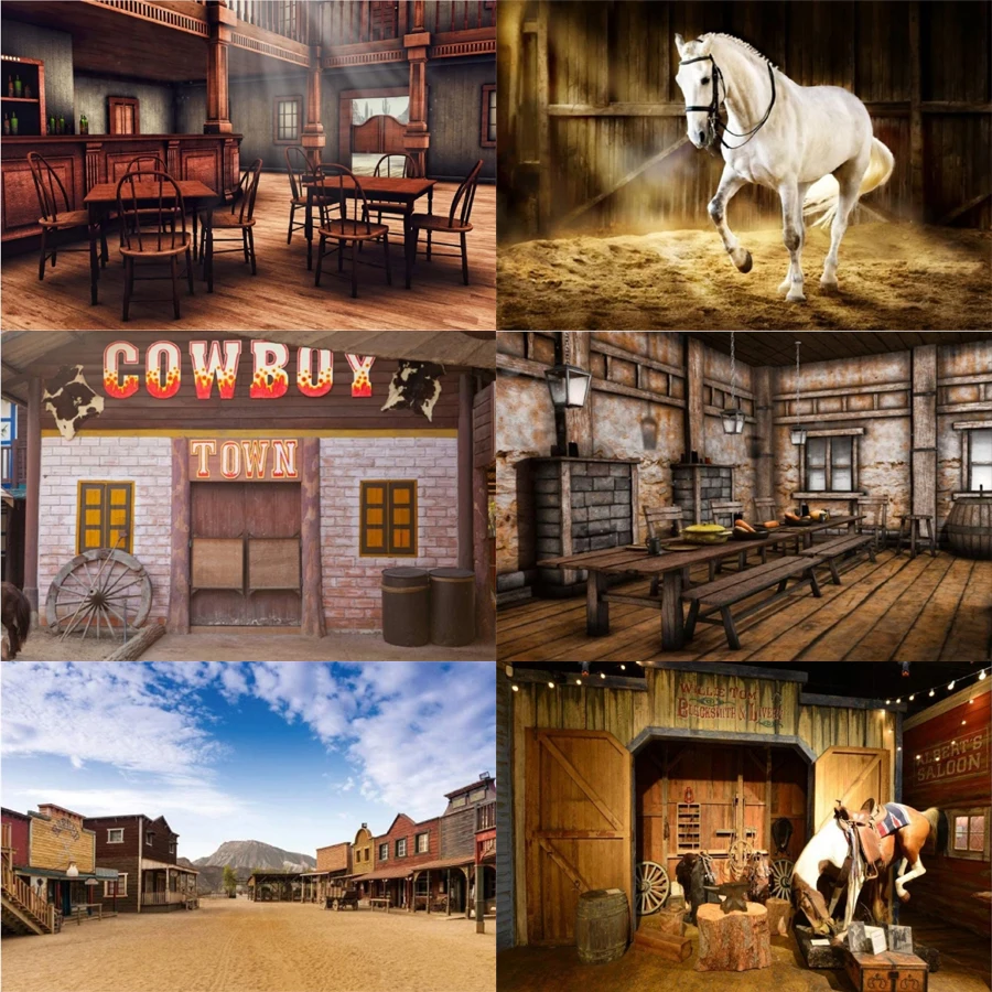 

Photography Backdrop Old Western Cowboy Town Wild West Style Bar Wagon Carriage Background For Kids Man Adult Photo Booth