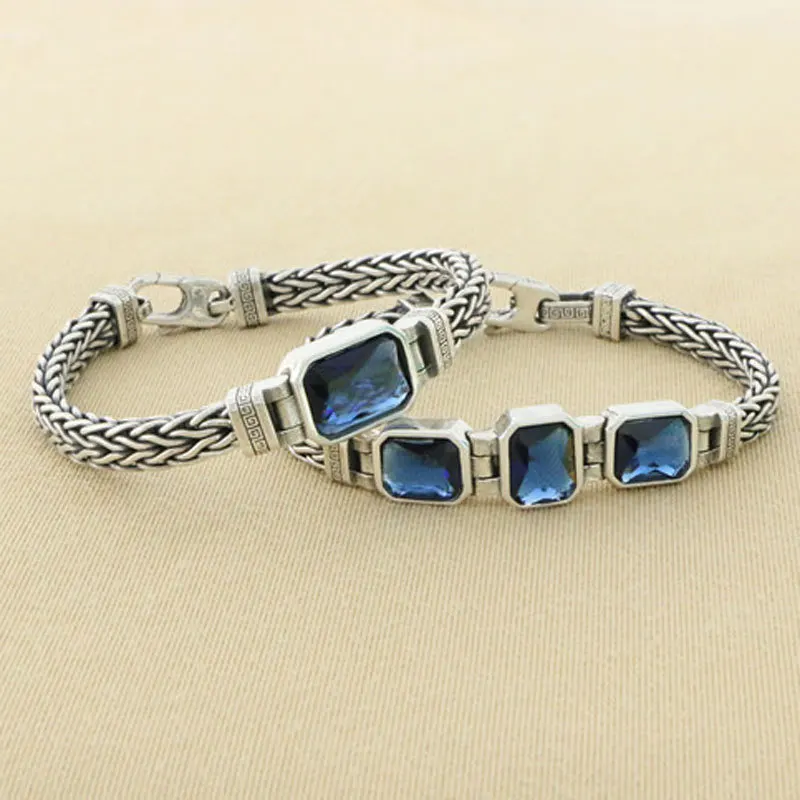 Fashionable pure silver sapphire woven bracelet for men and women, finely woven trendy retro fashion punk bracelet jewelry