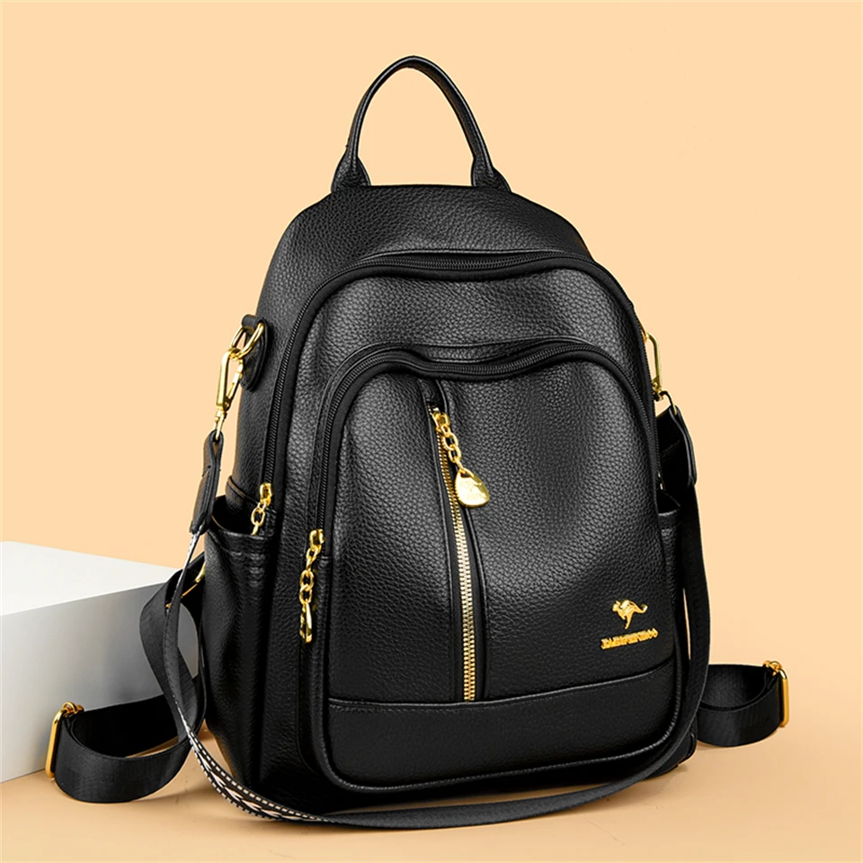 

High Quality Leather Women's Backpack Student School Bags Solid Color Casual Large Rucksack Fashion Designer Commuting Sac A Dos