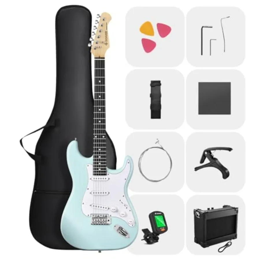 

Beginner electric guitar kit for practice and performance: alder body, black finish, SSS pickups, includes amp, gig bag, tuner,