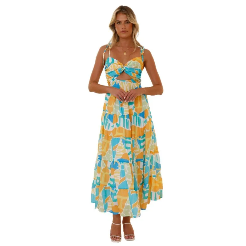 Strandjurk voor dames, sexy maxi-jurk zonder rug, vakantie-halter-zonnejurk met hoge split en bloemenprint, Boho-feestjurk aan zee
