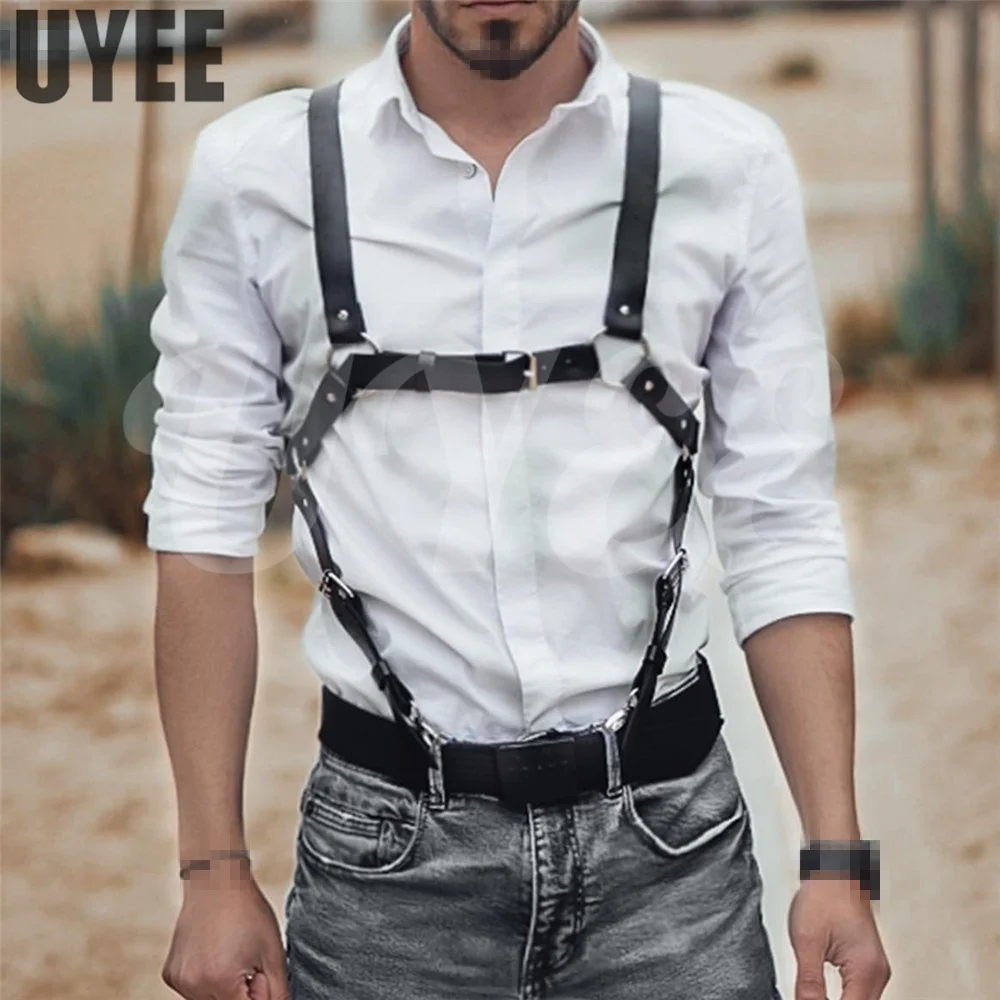 UYEE الشرير حزام تسخير الموضة رجل بولي Leather الجلود الملابس الداخلية للرجال الوثن الجسم قفص مثلي الجنس الملابس الحمالات الهذيان حزام القوطية الأشرطة