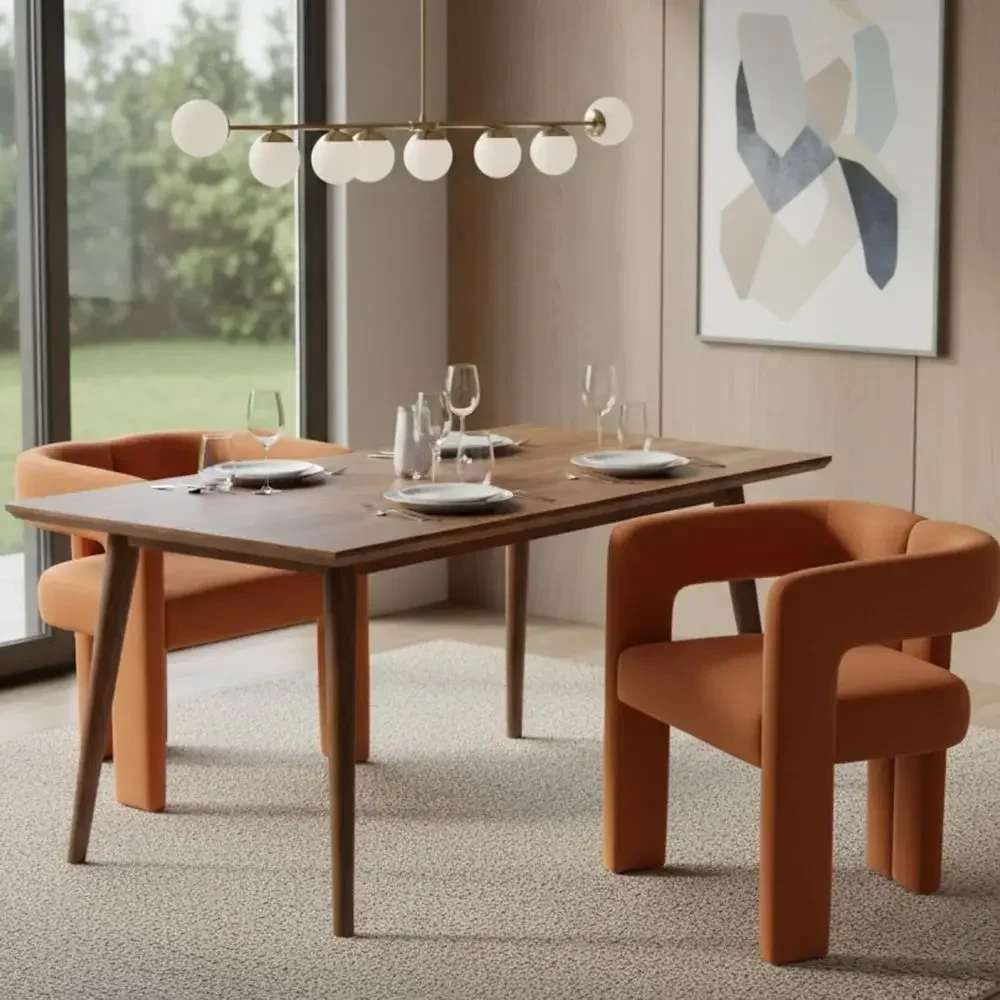 Velvet Upholstered Open Back Dining Chairs Set of 2, Wooden Legs, Ideal for Small Spaces, Orange