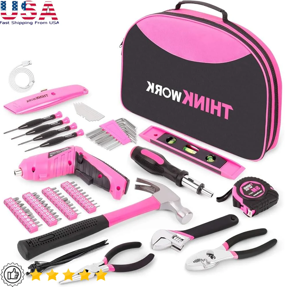 122 Piece Home Tool Set with 3.6V Electric Screwdriver Pink Toolkit Women Easy Carrying Round Pouch