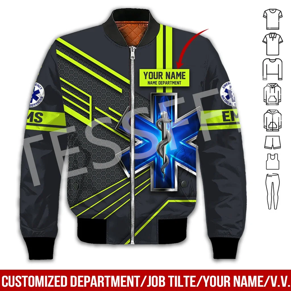 Custom Name Cosplay EMS EMT Medical Paramedic Worker Tattoo 3DPrint Streetwear Winter Windbreaker Warm Coat Bomber Jacket X1